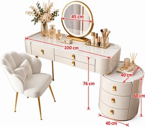 Set LUCIA WHITE – Masă de Toaletă pentru Machiaj, Blat imitatie marmura, Oglindă Iluminată LED, Control Touch, 6 sertare, Comoda, Scaun, Alb