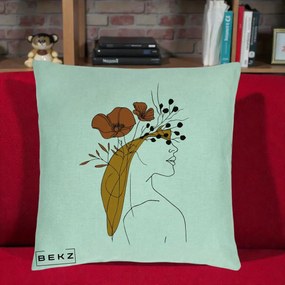 Perna Decorativa Portret Feminin Maci Rosii Auriu, 40x40 cm, Verde Menta, Husa Detasabila, Perna Inclusa, BEKZ®