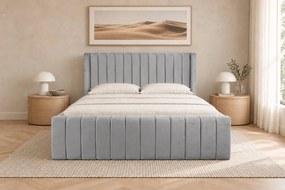 Pat tapițat din catifea Aurelia Simple 180×200 cm, gri deschis, cu ladă de depozitare
