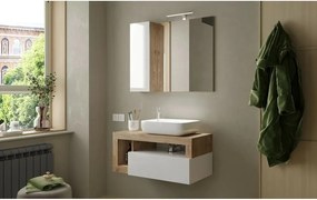 Set dulap baza suspendat si lavoar LC Mobili Italia Hamburg 92 cm finisaj alb/maro lemn