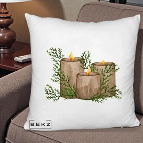 Perna Decorativa Lumanari Rustice cu Crengute Brad, 40x40 cm, Alb Pufos, Husa Detasabila, Perna Inclusa, BEKZ®
