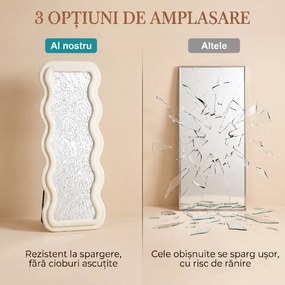 HOMCOM Oglindă de Podea Autoportantă cu Ramă Ondulată din Catifea, 160x60 cm, Sticlă Securizată, Crem | Aosom Romania