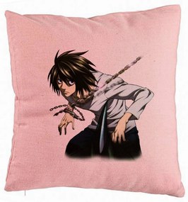 Perna Decorativa cu Death Note L, 40x40 cm, Roz, Husa Detasabila, Burduf