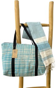 Set elegant geanta de plaja + prosop HAMAM 75 x 150 cm, turcoaz