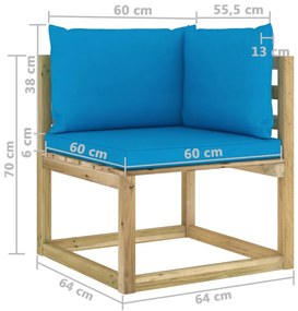 Canapea de gradina coltar cu perne, lemn de pin verde tratat 1, Canapea coltar, Albastru deschis