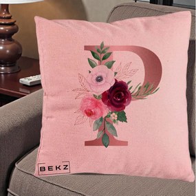 Cadou Personalizat - Perna Personalizata Monograma Rose Gold Litera P, 40x40 cm, Roz, Husa Detasabila, Perna Inclusa, BEKZ®