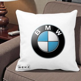 Perna Personalizata cu emblema BMW, 40x40 cm, Alba Mata, Husa Detasabila, Perna Inclusa, BEKZ®