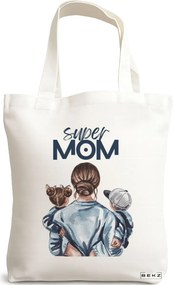 Sacosa de Panza pentru Cumparaturi, Geanta Tote, model Super Mom, 38x34.5 cm, Alba, BEKZ®