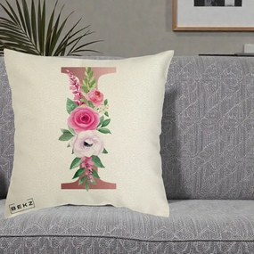 Cadou Personalizat - Perna Personalizata Monograma Rose Gold Litera I, 40x40 cm, Ecru, Husa Detasabila, Perna Inclusa, BEKZ®