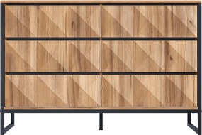 Bufet cu 6 sertare, cadru metalic negru și fronturi de sertare geometrice, 120x40x80 cm, Culoare naturală