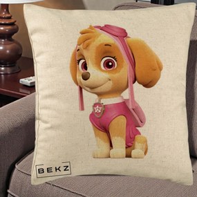 Perna Personalizata Skye PAW Patrol Roz, 40x40 cm, Bej, Husa Detasabila, Perna Inclusa, BEKZ®