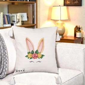 Perna Decorativa Iepuras Flori Urechi Pastelui, 40x40 cm, Bej cu Franjuri, Husa Detasabila, Perna Inclusa, BEKZ®