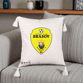 Perna Personalizata FC Brasov Fotbal Romania, 40x40 cm, Bej cu Franjuri, Husa Detasabila, Perna Inclusa, BEKZ®