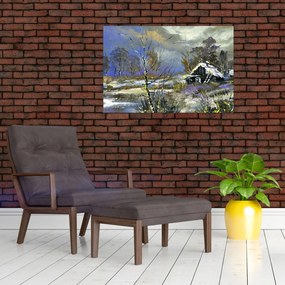 Tablou -Cabane într-un peisaj de iarnă, pictură în ulei (90x60 cm)
