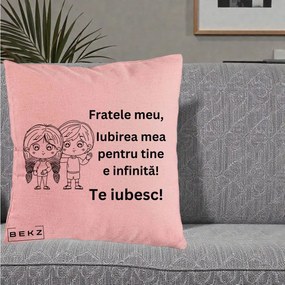 Cadou pentru Frate - Perna Personalizata Fratele Meu Te Iubesc Copii Anime Line Art Negru, 40x40 cm, Roz, Husa Detasabila, Perna Inclusa, BEKZ®