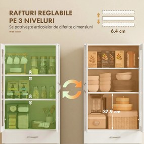 HOMCOM Dulap de Bucătărie Înalt 180 cm cu Uși din Sticlă Soft-Close, Sertar și 2 Dulapuri, Polițe Reglabile, Alb | Aosom Romania