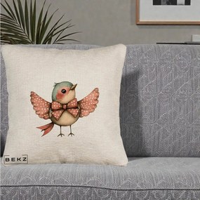 Perna Decorativa Pasare Roz cu Aripi si Fundita, 40x40 cm, Bej Canapea, Husa Detasabila, Perna Inclusa, BEKZ®