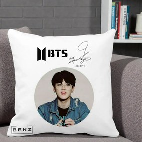 Perna Personalizata K-pop BTS Jimin Portret Cerc Autograf Geaca, 40x40 cm, Alba Mata, Husa Detasabila, Perna Inclusa, BEKZ®