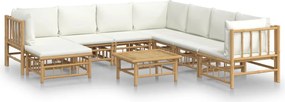 vidaXL Set mobilier de grădină, cu perne alb crem, 9 piese, bambus
