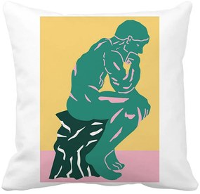 Perna Decorativa Patrata The Thinker, 40x40 cm, Alba, Mata, Husa Detasabila, Burduf