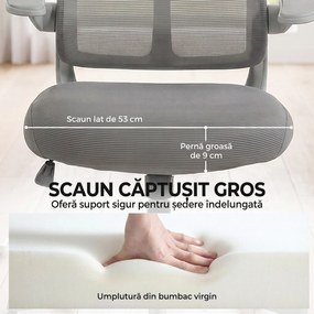 HOMCOM Scaun de birou ergonomic rotativ, cu cotiere rabatabile, funcție de balans, înălțime reglabilă, din plasă, gri | Aosom Romania