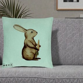 Perna Decorativa Iepuras Acuarela cu Morcov, 40x40 cm, Verde Menta, Husa Detasabila, Perna Inclusa, BEKZ®