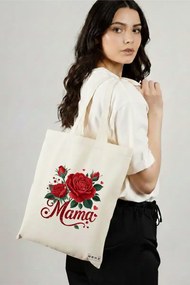 Sacosa de Panza pentru Cumparaturi, Geanta Tote, model Mama Red Roses 38 x 34.5 cm, Alba, BEKZ®
