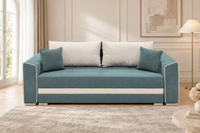 Canapea extensibilă Ondina din stofă, verde marin + crem, cu ladă de depozitare