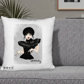 Perna Personalizata Wednesday Addams Portret Gotic, 40x40 cm, Alb Pufos, Husa Detasabila, Perna Inclusa, BEKZ®