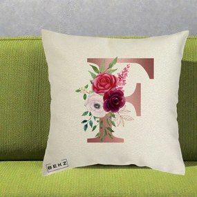 Cadou Personalizat - Perna Personalizata Monograma Rose Gold Litera F, 40x40 cm, Ecru, Husa Detasabila, Perna Inclusa, BEKZ®