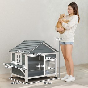 PawHut Casă pentru Pisici Exterioară cu Acoperiș Deschizabil, Fereastră Panoramică, Ușă cu Obloane și Platformă de Odihnă 101x72,5x81cm Gri | Aosom Romania