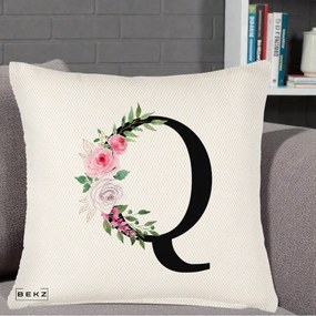 Cadou Personalizat - Perna Personalizata Monograma Florala Litera Q, 40x40 cm, Crem Reliefat, Husa Detasabila, Perna Inclusa, BEKZ®