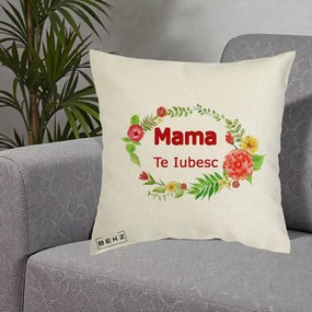 Cadou pentru Mama - Perna Personalizata Mama Te Iubesc Flori Rosii, 40x40 cm, Ecru, Husa Detasabila, Perna Inclusa, BEKZ®