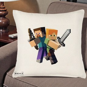 Perna Personalizata Minecraft Steve si Alex, 40x40 cm, Crem Reliefat, Husa Detasabila, Perna Inclusa, BEKZ®