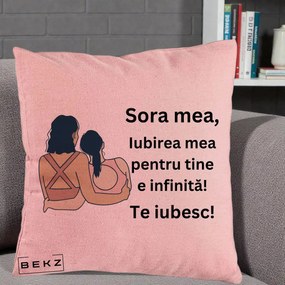 Cadou pentru Sora - Perna Personalizata Sora Mea Te Iubesc Doua Fete Fashioniste Line Art, 40x40 cm, Roz, Husa Detasabila, Perna Inclusa, BEKZ®