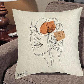 Perna Decorativa Portret Feminin Mac Profilat, 40x40 cm, Ecru, Husa Detasabila, Perna Inclusa, BEKZ®