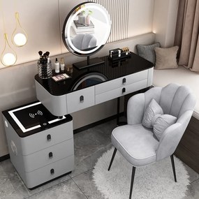 RESIGILAT-Set Margot, Masă de toaletă pentru machiaj cu oglindă iluminată LED, control touch, 6 sertare, comoda, scaun, Difuzor Bluetooth, zona încărcare fără fir, Gri