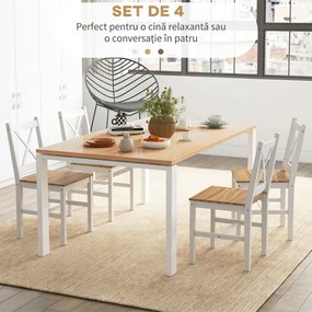 HOMCOM Set 4 Scaune cu Spătar Transversal, Scaune Clasice din Lemn de Pin, 41x46.5x87 cm, Alb | Aosom Romania