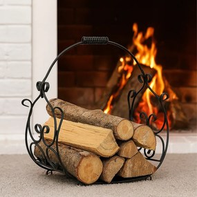 Cos pentru lemne de foc din fier forjat, model decorativ pentru semineu, negru - Dogor