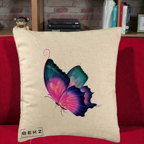 Perna Decorativa Fluture Neon, 40x40 cm, Bej, Husa Detasabila, Perna Inclusa, BEKZ®