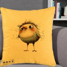 Perna Decorativa Pasare cu Penaj Zbarlit si Gene, 40x40 cm, Galben, Husa Detasabila, Perna Inclusa, BEKZ®
