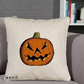 Perna Decorativa Halloween Dovleac Portocaliu Clasic, 40x40 cm, Bej Canapea, Husa Detasabila, Perna Inclusa, BEKZ®