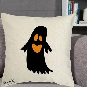 Perna Decorativa Halloween Fantoma Neagra cu Ochi Portocalii, 40x40 cm, Ecru, Husa Detasabila, Perna Inclusa, BEKZ®