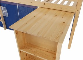 Pat înălţat cu masă PC, lemn de pin/albastru, ALZENA