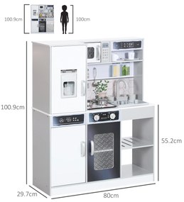 AIYAPLAY Set de Bucătărie de Jucărie din Lemn cu Aragaz cu Lumini și Sunete, Chiuvetă cu Circulație a Apei și Accesorii, Alb | Aosom Romania