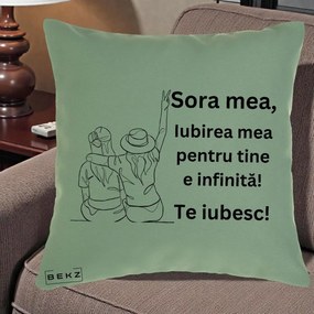Cadou pentru Sora - Perna Personalizata Sora Mea Te Iubesc Line Art Portrete Colorate, 40x40 cm, Verde, Husa Detasabila, Perna Inclusa, BEKZ®