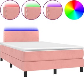 vidaXL Pat continental cu saltea & LED, roz, 120x200 cm, catifea