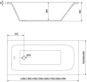 Mexen Vega cadă dreptunghiulară 180 x 90 cm, albă - 55011809000