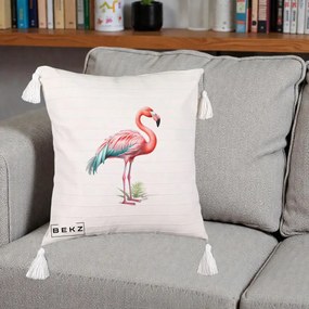 Perna Decorativa Flamingo Roz cu Pene Teal, 40x40 cm, Bej cu Franjuri, Husa Detasabila, Perna Inclusa, BEKZ®