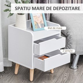 Noptiera alba cu 2 sertare extemsibilie, picioare din pin, mobila pentru casa,33x28x42cm HOMCOM | Aosom RO